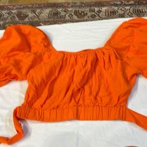 Topshop linen puff sleeve top with open back and waist tie in Orange.